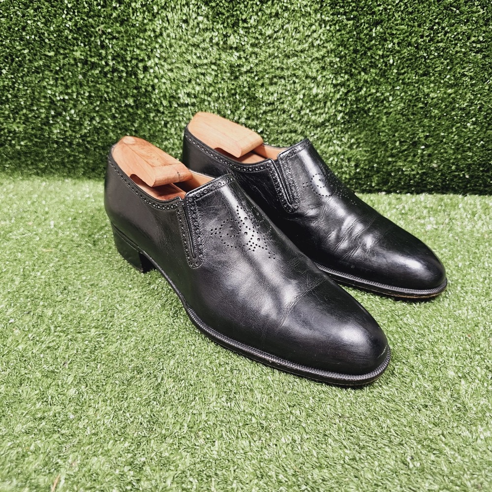 A Testoni Black Leather Brouge Slip On Dress Shoe Italian Loafers Mens Size 8